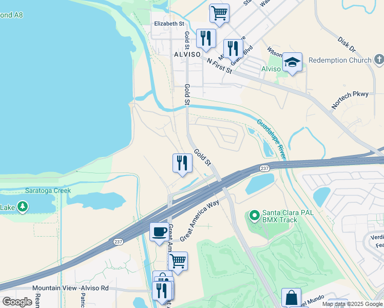 map of restaurants, bars, coffee shops, grocery stores, and more near 656 America Center Court in San Jose