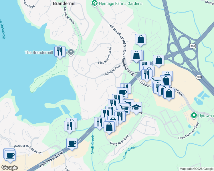 map of restaurants, bars, coffee shops, grocery stores, and more near 13211 Thornridge Lane in Midlothian