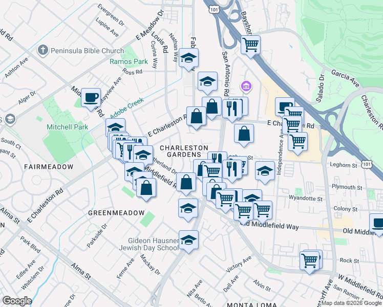 map of restaurants, bars, coffee shops, grocery stores, and more near 777 San Antonio Road in Palo Alto