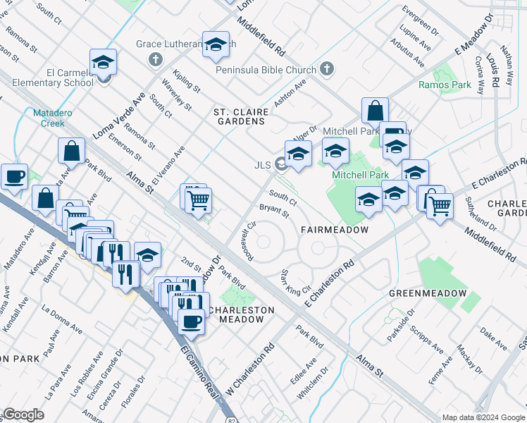 map of restaurants, bars, coffee shops, grocery stores, and more near 61 Roosevelt Circle in Palo Alto