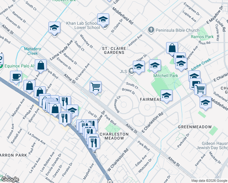 map of restaurants, bars, coffee shops, grocery stores, and more near 3541 Emerson Street in Palo Alto
