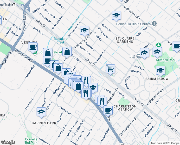 map of restaurants, bars, coffee shops, grocery stores, and more near 242 Ventura Avenue in Palo Alto