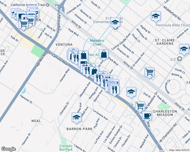 map of restaurants, bars, coffee shops, grocery stores, and more near in Palo Alto