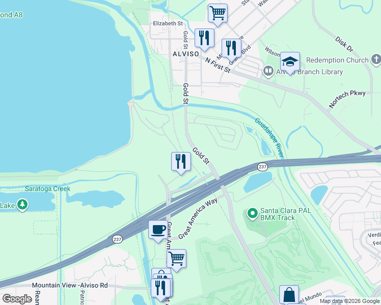 map of restaurants, bars, coffee shops, grocery stores, and more near 656 America Center Court in San Jose