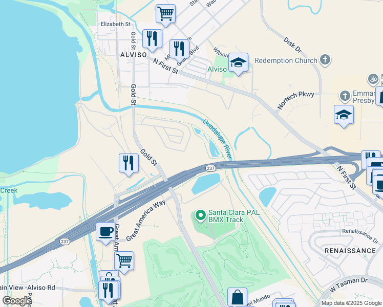 map of restaurants, bars, coffee shops, grocery stores, and more near 2160 Gold Street in Alviso