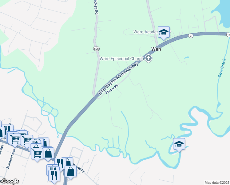 map of restaurants, bars, coffee shops, grocery stores, and more near 7565 Foster Road in Gloucester Courthouse