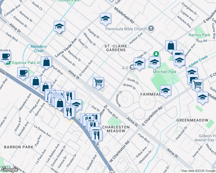 map of restaurants, bars, coffee shops, grocery stores, and more near 3503 Alma Village Circle in Palo Alto