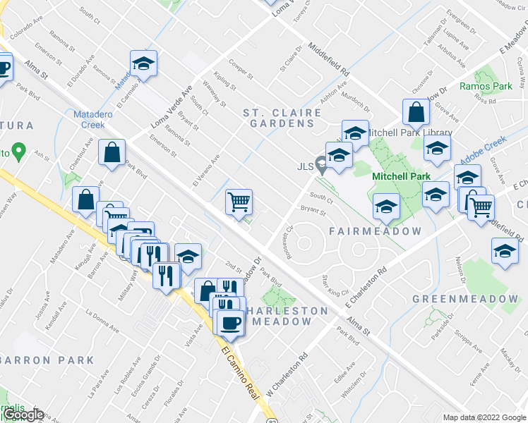 map of restaurants, bars, coffee shops, grocery stores, and more near 3503 Alma Village Circle in Palo Alto