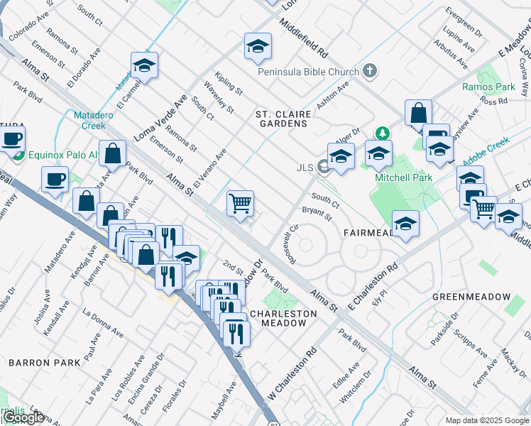 map of restaurants, bars, coffee shops, grocery stores, and more near 3503 Alma Village Circle in Palo Alto