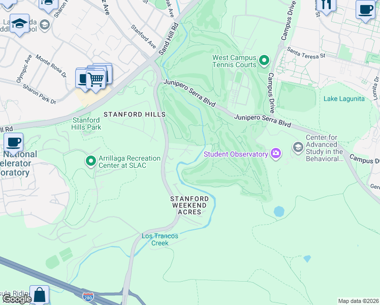 map of restaurants, bars, coffee shops, grocery stores, and more near 25 Stowe Lane in Menlo Park