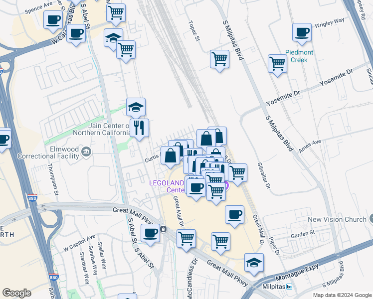 map of restaurants, bars, coffee shops, grocery stores, and more near 880 Contemplation Place in Milpitas