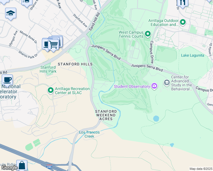 map of restaurants, bars, coffee shops, grocery stores, and more near 25 Stowe Lane in Menlo Park