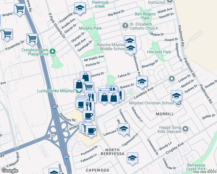 map of restaurants, bars, coffee shops, grocery stores, and more near 1501 Clear Lake Avenue in Milpitas