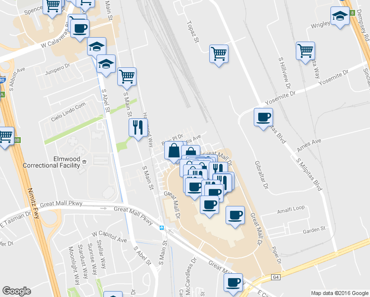 map of restaurants, bars, coffee shops, grocery stores, and more near 880 Contemplation Place in Milpitas