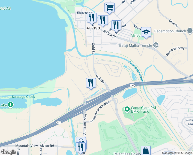 map of restaurants, bars, coffee shops, grocery stores, and more near 656 America Center Court in San Jose
