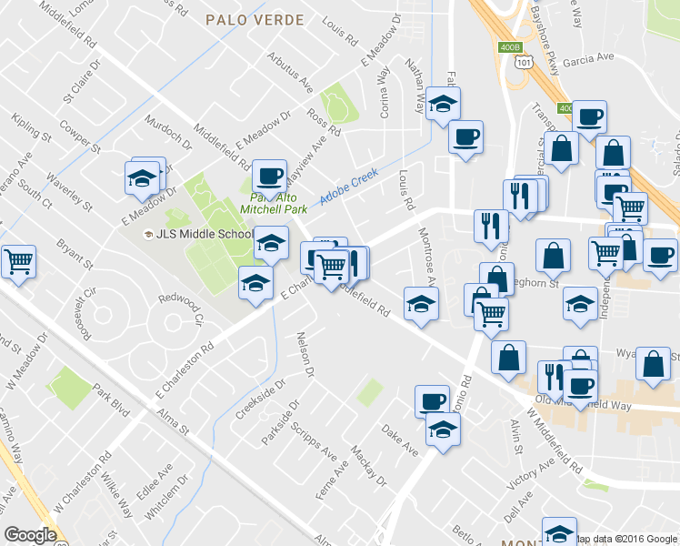 map of restaurants, bars, coffee shops, grocery stores, and more near 3958 Middlefield Road in Palo Alto