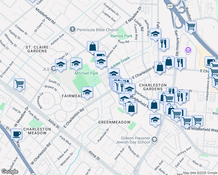 map of restaurants, bars, coffee shops, grocery stores, and more near in Palo Alto