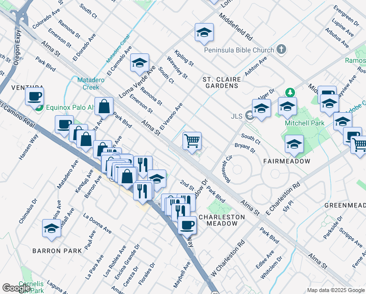 map of restaurants, bars, coffee shops, grocery stores, and more near 4029 Park Boulevard in Palo Alto