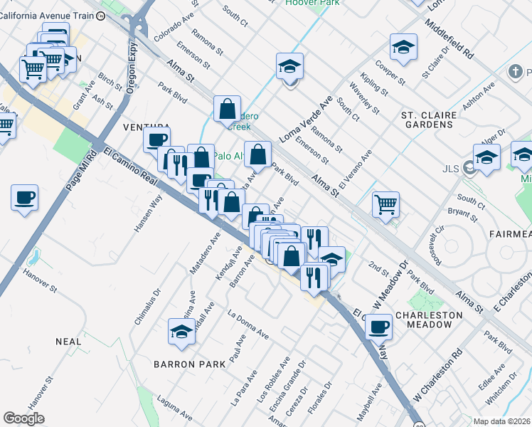 map of restaurants, bars, coffee shops, grocery stores, and more near 443 Wilton Avenue in Palo Alto