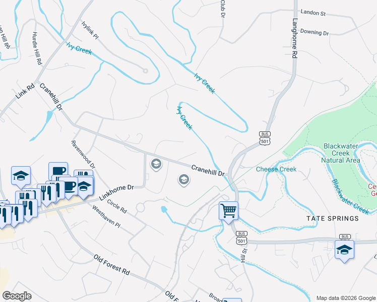 map of restaurants, bars, coffee shops, grocery stores, and more near 2212 Oriole Place in Lynchburg