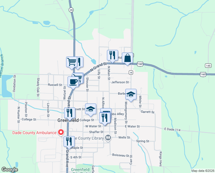 map of restaurants, bars, coffee shops, grocery stores, and more near in Greenfield