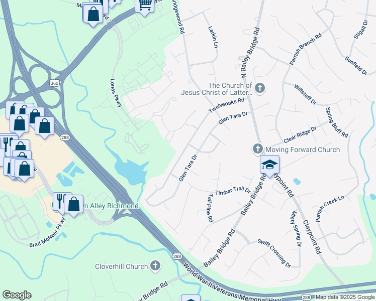 map of restaurants, bars, coffee shops, grocery stores, and more near 4824 Glen Tara Drive in Midlothian