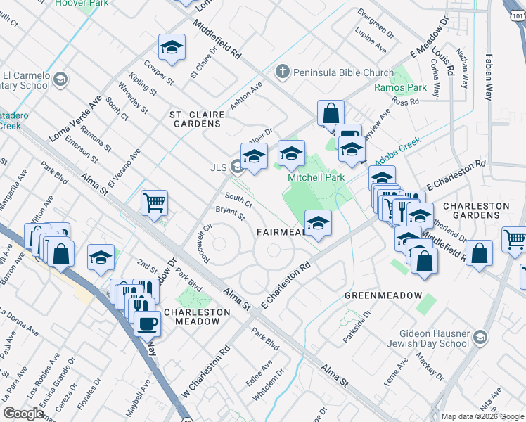 map of restaurants, bars, coffee shops, grocery stores, and more near 3665 South Court in Palo Alto