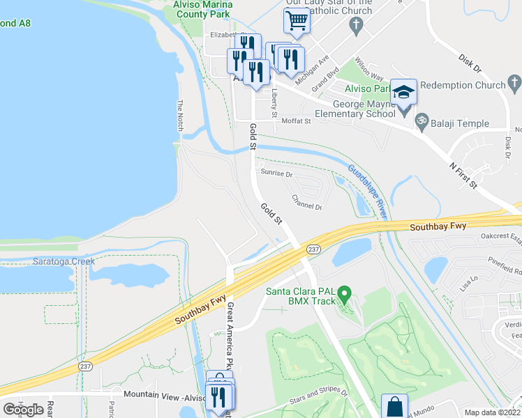 map of restaurants, bars, coffee shops, grocery stores, and more near 2131 Gold Street in Santa Clara