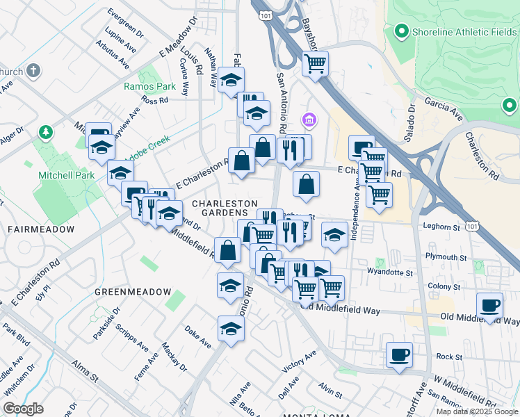 map of restaurants, bars, coffee shops, grocery stores, and more near 777 San Antonio Road in Palo Alto