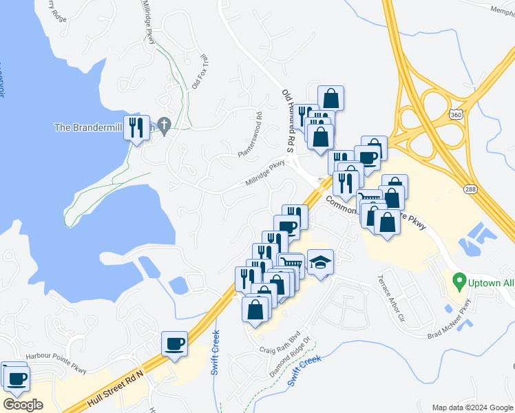 map of restaurants, bars, coffee shops, grocery stores, and more near 13202 Thornridge Lane in Midlothian