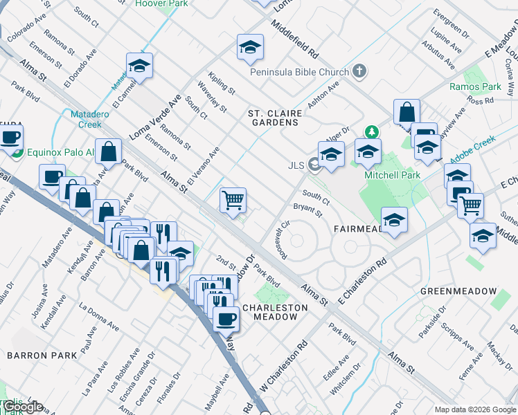 map of restaurants, bars, coffee shops, grocery stores, and more near 3500 Ramona Street in Palo Alto