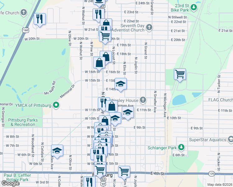 map of restaurants, bars, coffee shops, grocery stores, and more near 199 East 14th Street in Pittsburg