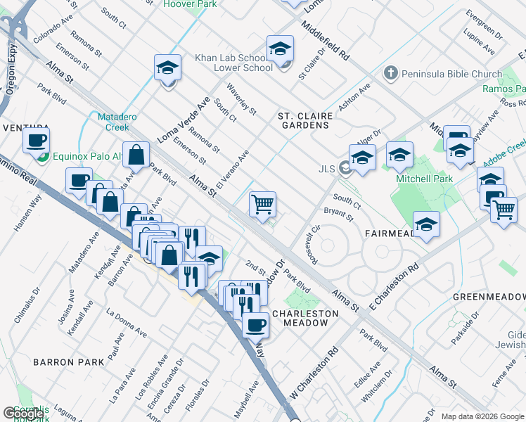 map of restaurants, bars, coffee shops, grocery stores, and more near 3375 Alma Street in Palo Alto