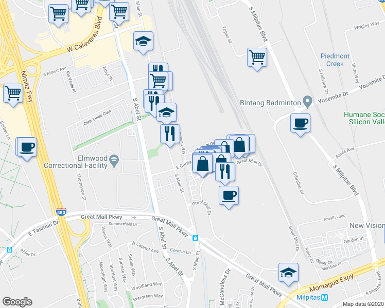 map of restaurants, bars, coffee shops, grocery stores, and more near 89 Parc Place Drive in Milpitas