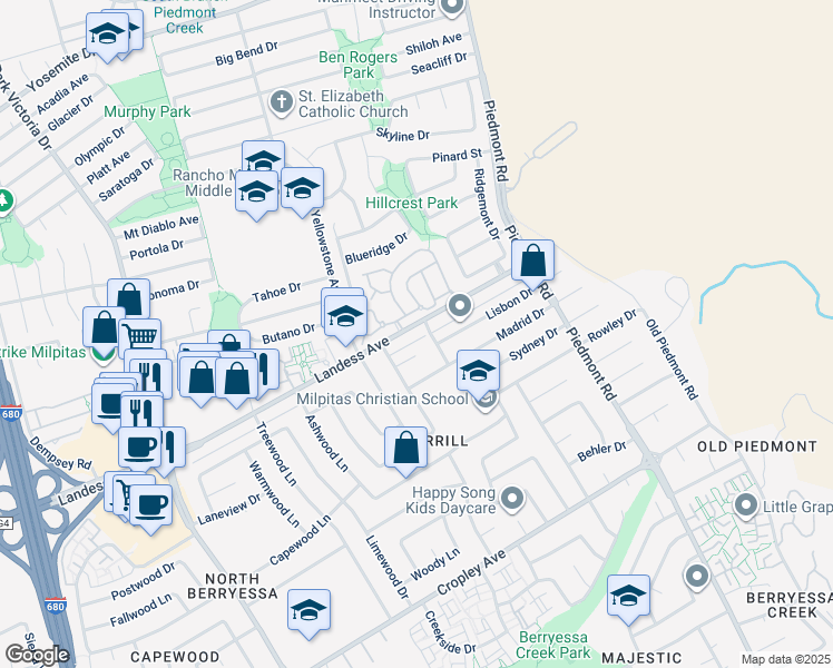 map of restaurants, bars, coffee shops, grocery stores, and more near 3326 Landess Avenue in San Jose