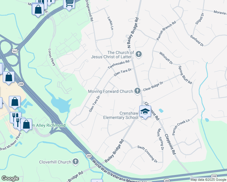 map of restaurants, bars, coffee shops, grocery stores, and more near 4707 Sterlingheath Drive in Midlothian