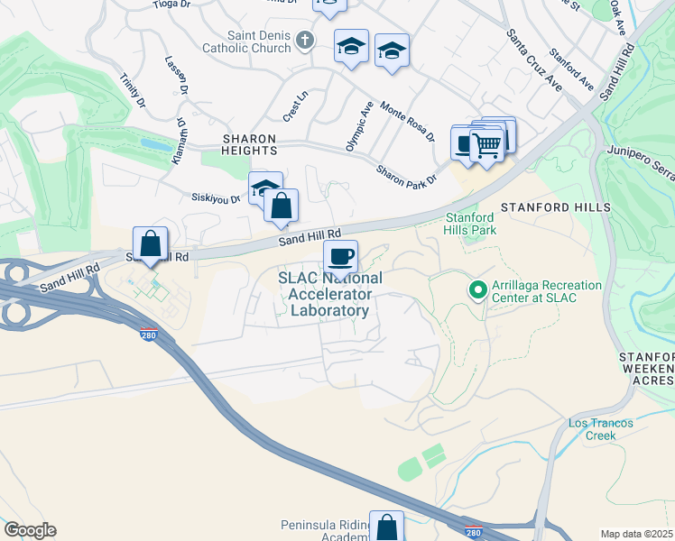 map of restaurants, bars, coffee shops, grocery stores, and more near 2575 Sand Hill Road in Menlo Park