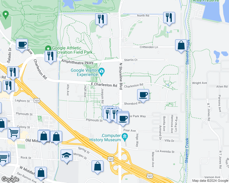 map of restaurants, bars, coffee shops, grocery stores, and more near 1842 North Shoreline Boulevard in Mountain View