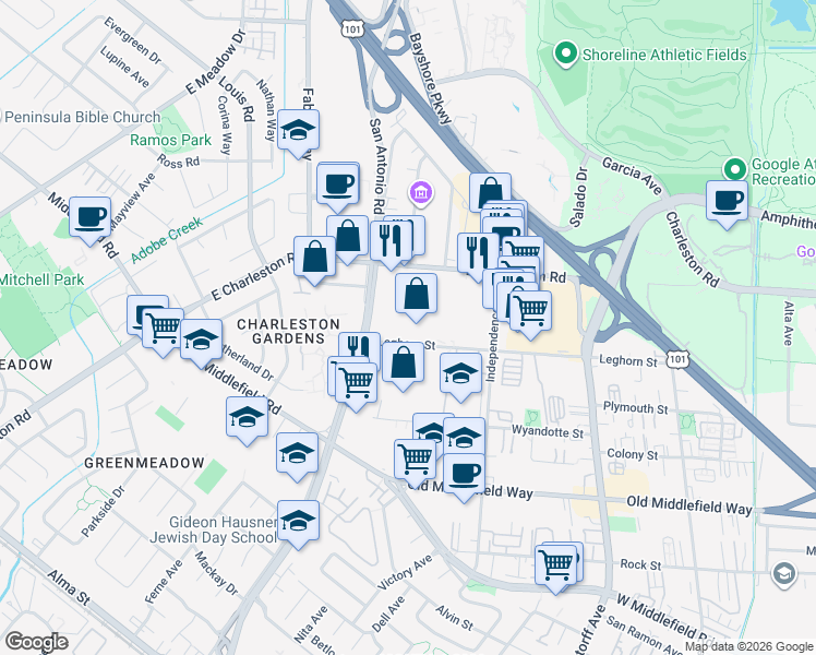 map of restaurants, bars, coffee shops, grocery stores, and more near 2570 Leghorn Street in Mountain View