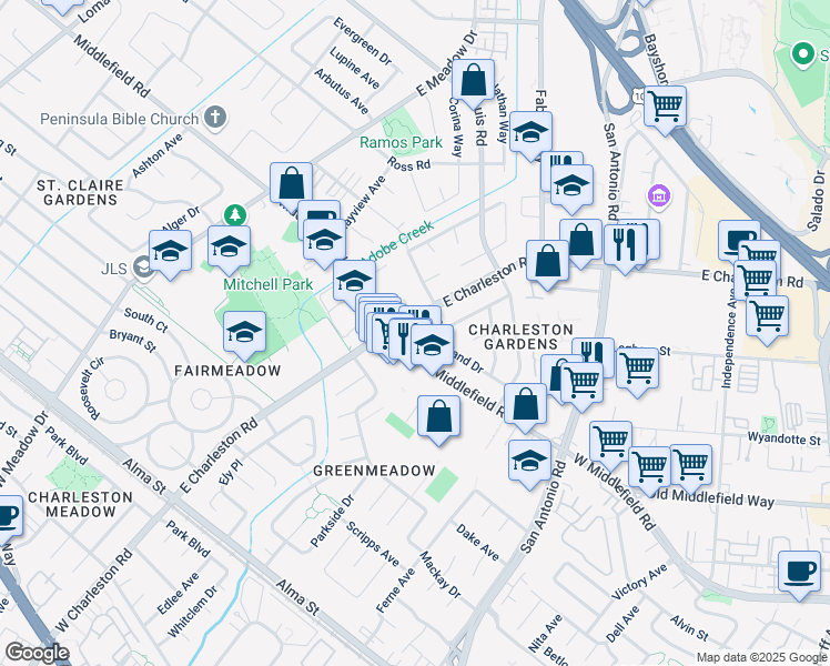map of restaurants, bars, coffee shops, grocery stores, and more near 3901 Middlefield Road in Palo Alto