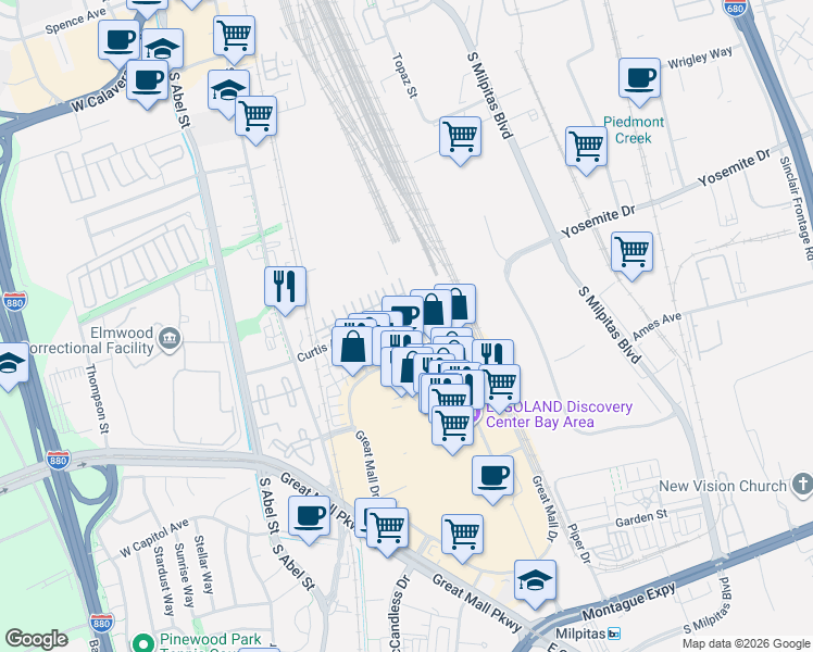 map of restaurants, bars, coffee shops, grocery stores, and more near 268 Parc Place Drive in Milpitas