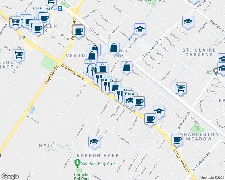 map of restaurants, bars, coffee shops, grocery stores, and more near 435 Fernando Avenue in Palo Alto