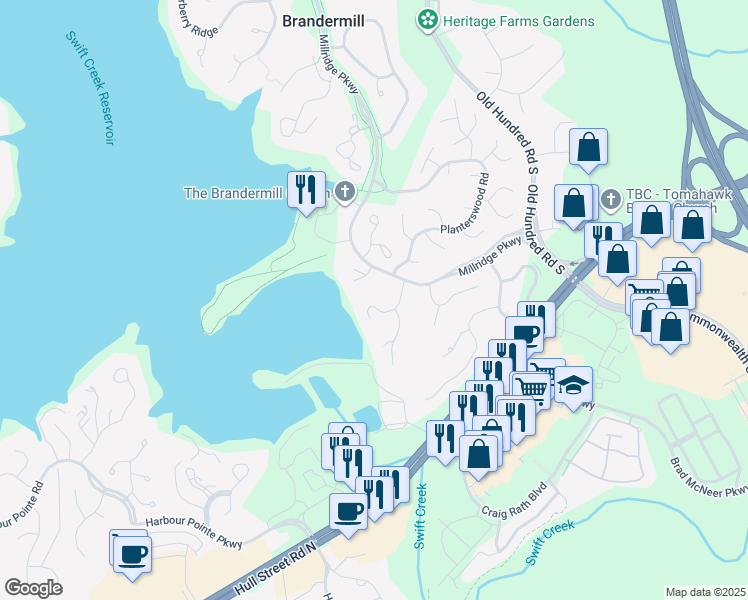 map of restaurants, bars, coffee shops, grocery stores, and more near 4807 Woodbriar Court in Midlothian
