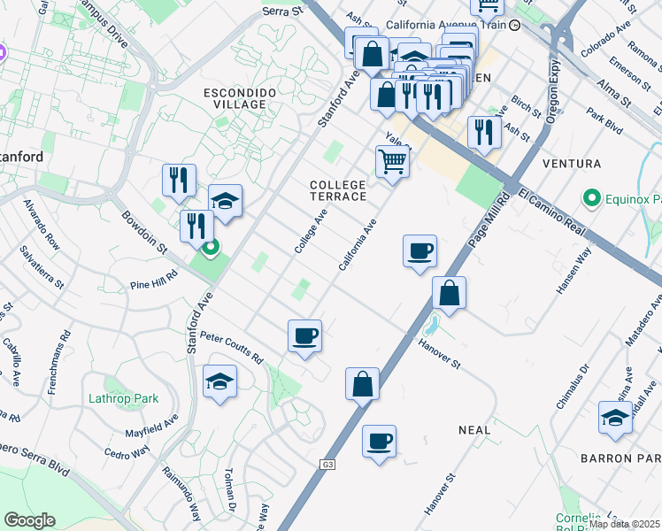 map of restaurants, bars, coffee shops, grocery stores, and more near 2350 Harvard Street in Palo Alto