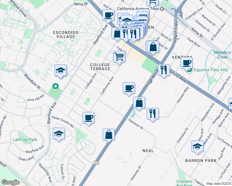 map of restaurants, bars, coffee shops, grocery stores, and more near 1200 Page Mill Road in Palo Alto