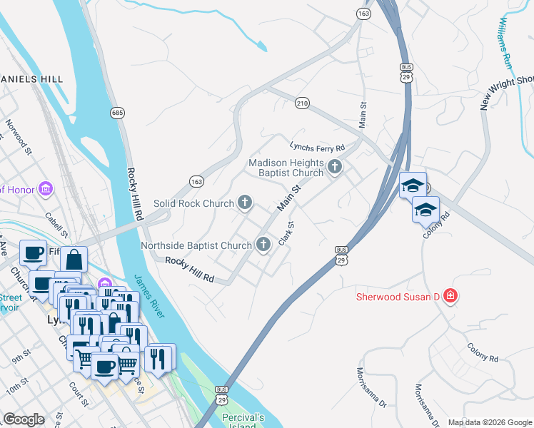 map of restaurants, bars, coffee shops, grocery stores, and more near 109 6th Street in Madison Heights