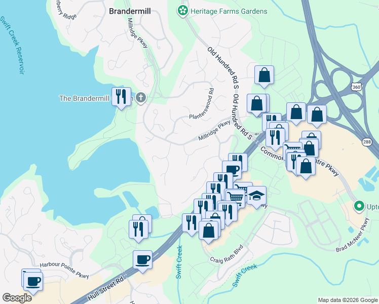 map of restaurants, bars, coffee shops, grocery stores, and more near 13300 Court Ridge Road in Midlothian
