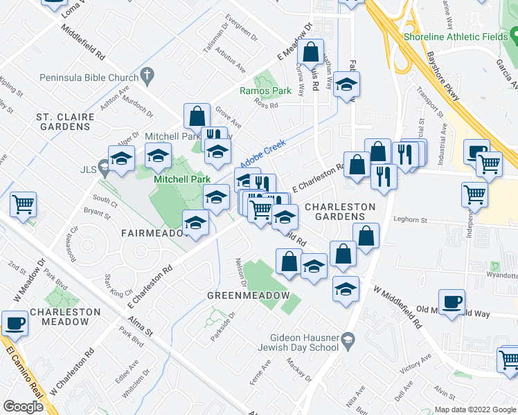 map of restaurants, bars, coffee shops, grocery stores, and more near Middlefield Road & East Charleston Road in Palo Alto