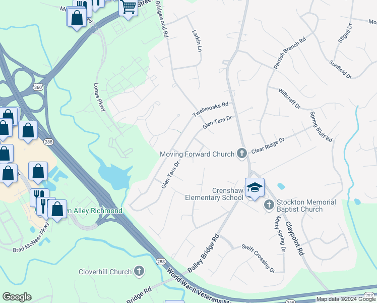 map of restaurants, bars, coffee shops, grocery stores, and more near 4725 Glen Tara Drive in Midlothian