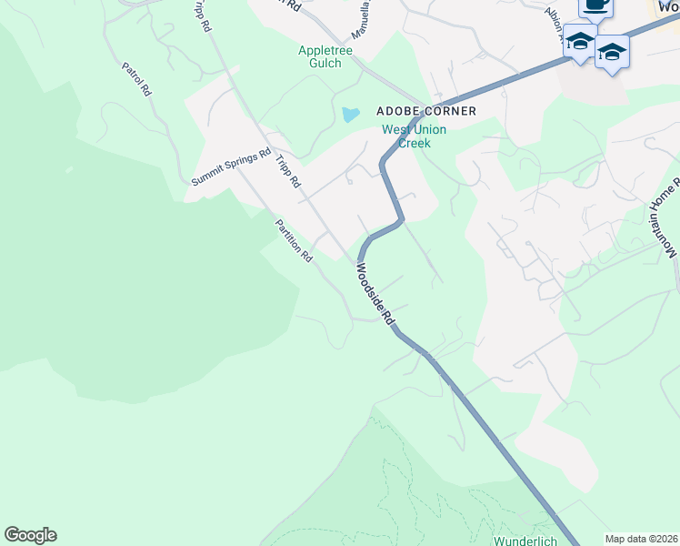 map of restaurants, bars, coffee shops, grocery stores, and more near 3660 Tripp Road in Woodside